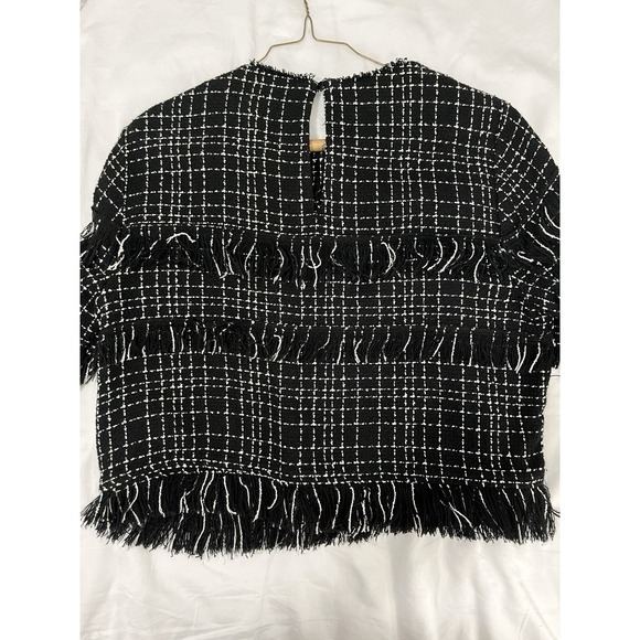 Zara Women's L Black White Tweed Long Sleeve Pullover Blouse Fringe Crop Work - Picture 4 of 7